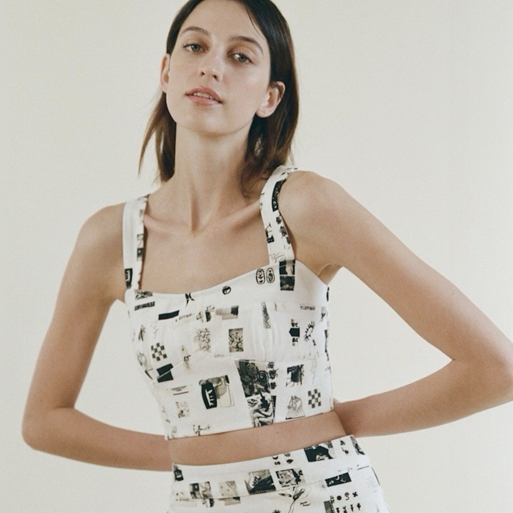 Rationalle Louise Gallery Print Crop Top Size M White‎ Black Preppy Boho Street